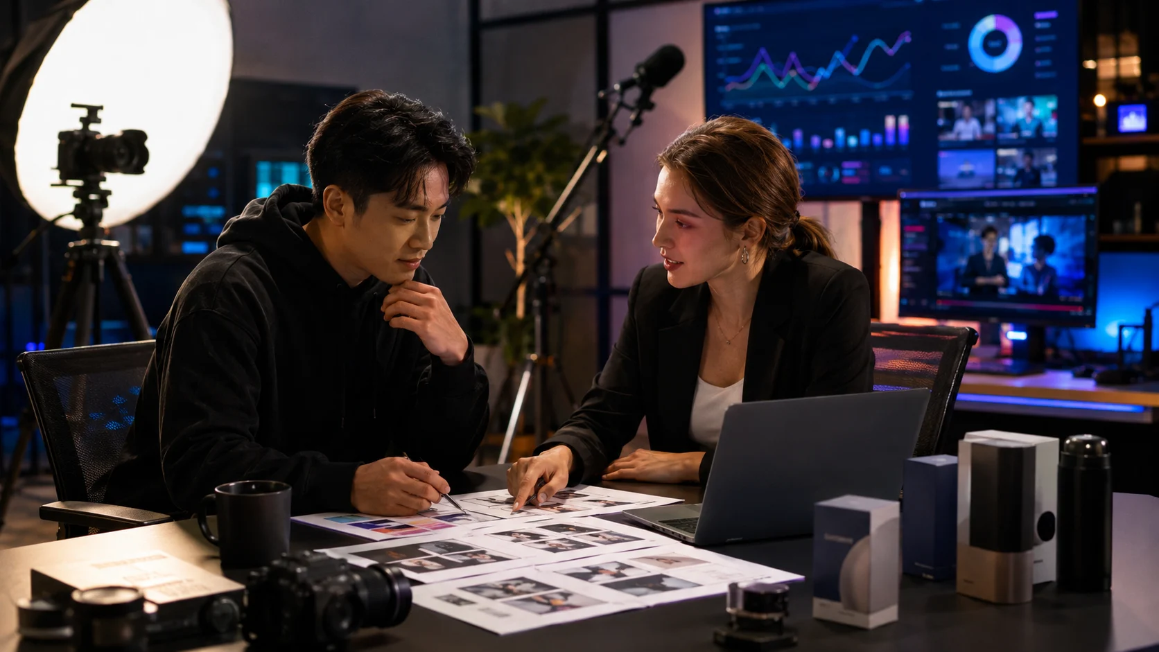 A streamer and brand representative planning a professional creator partnership in a studio