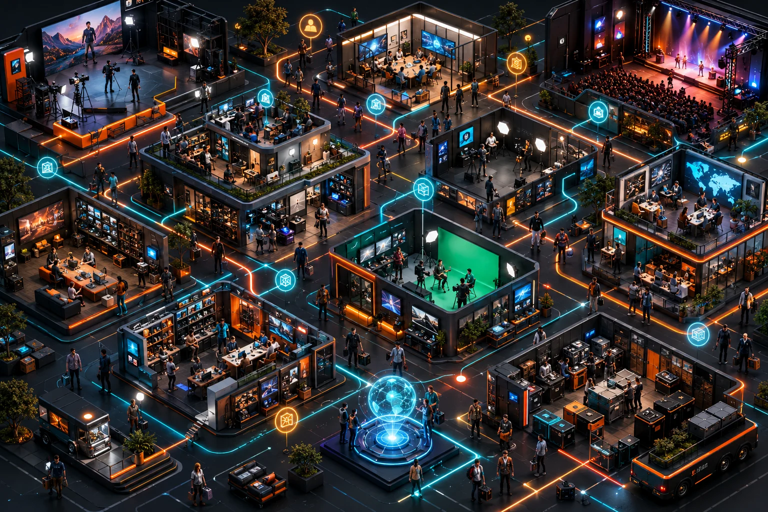 An isometric directory city connecting studios, agencies, suppliers, venues, and creator businesses